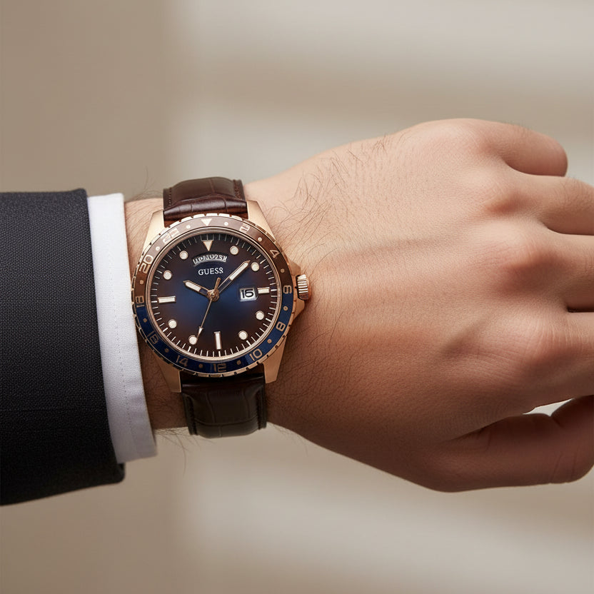 GUESS Comet Blue Dial Dark Brown Leather Band Men's Watch – GW0221G2