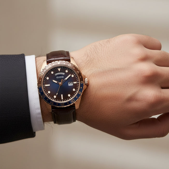 GUESS Comet Blue Dial Dark Brown Leather Band Men's Watch – GW0221G2