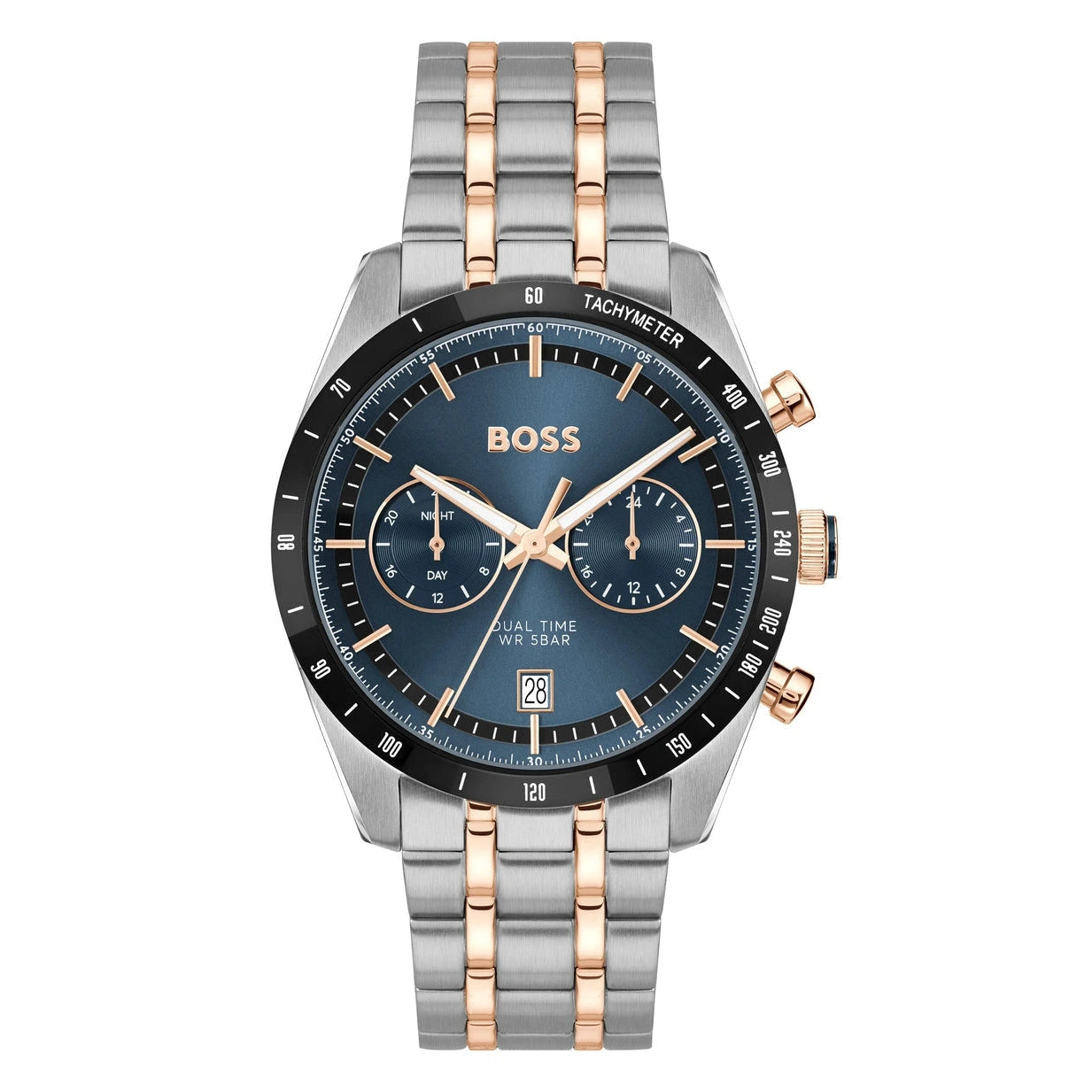 BOSS men's analog watch with a blue dial, black tachymeter bezel, and a two-tone stainless steel and rose gold link bracelet, shown on a white background.