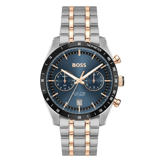 BOSS men's analog watch with a blue dial, black tachymeter bezel, and a two-tone stainless steel and rose gold link bracelet, shown on a white background.