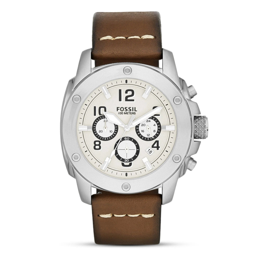 Fossil Modern Machine Chronograph Eggshell White Dial Brown Leather Strap Men's Watch – FS4929