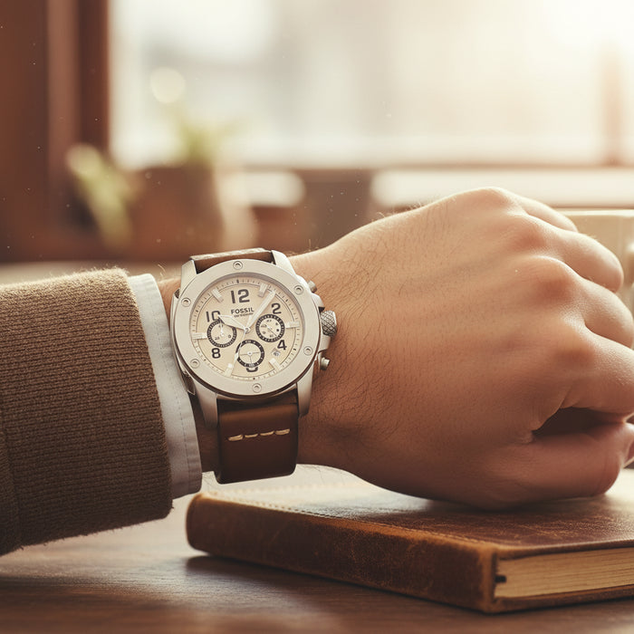 Fossil Modern Machine Chronograph Eggshell White Dial Brown Leather Strap Men's Watch – FS4929
