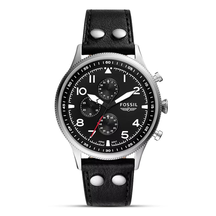 Fossil Retro Pilot Chronograph Black Dial Black Leather Strap Men's Watch – FS5806