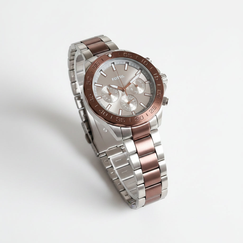 Fossil Bannon Multifunction Brown Sunray Dial Two-Tone Stainless Steel Men's Watch – BQ2502