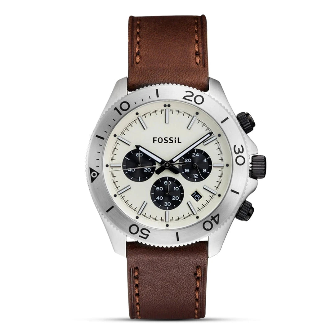 Fossil Retro Traveller White Chronograph Dial Brown Leather Strap Men's Watch – CH2886