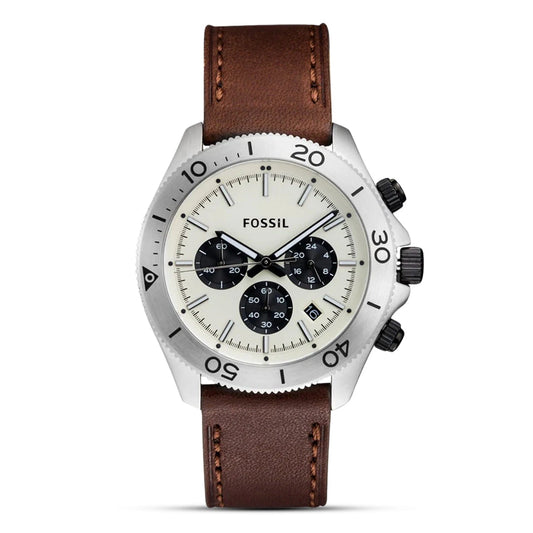 Fossil Retro Traveller White Chronograph Dial Brown Leather Strap Men's Watch – CH2886