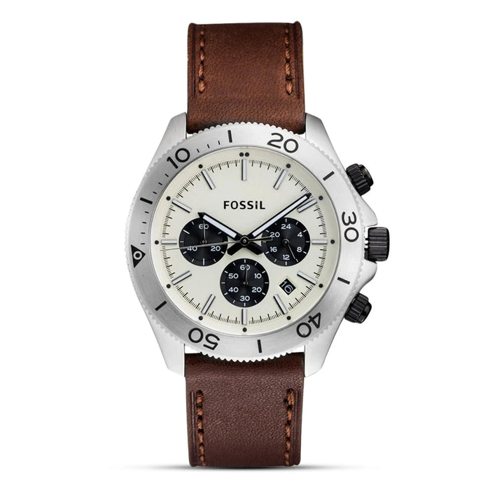 Fossil Retro Traveller White Chronograph Dial Brown Leather Strap Men's Watch – CH2886