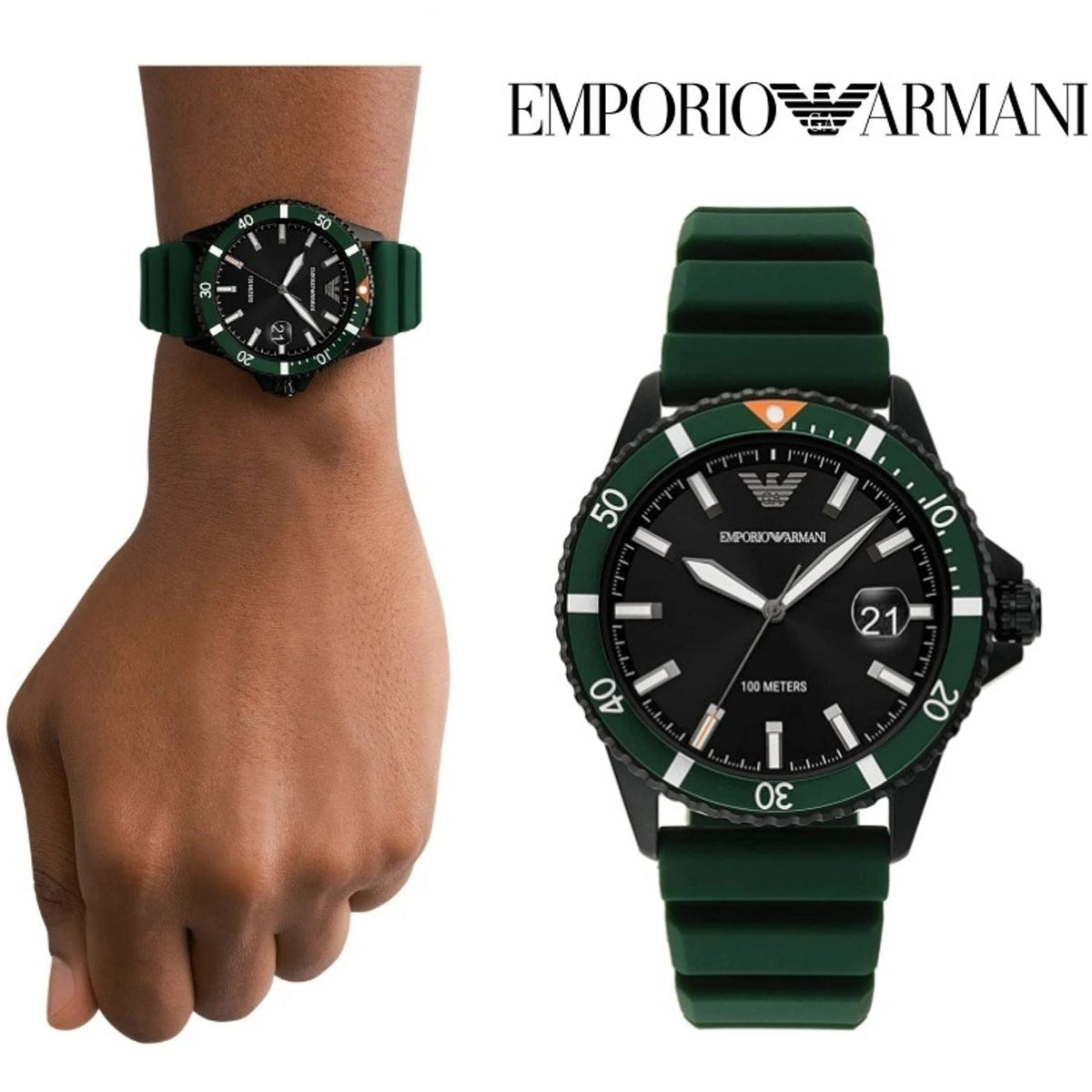 Emporio Armani Diver Black Dial Green Silicone Men's Watch – AR11464