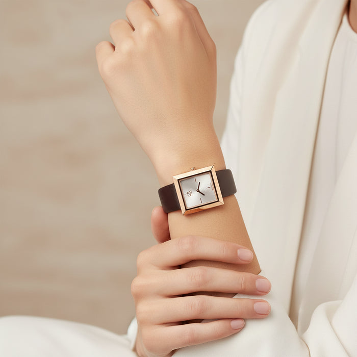 Calvin Klein Mark Silver Dial Brown Leather Strap Ladies Watch – K3R236G6