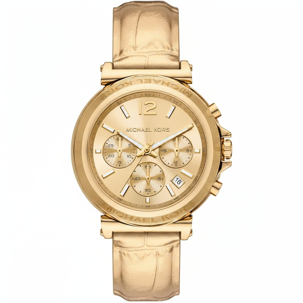 Michael Kors Oversized Maren Gold-Tone Chronograph Gold Leather Ladies Watch – MK7508
