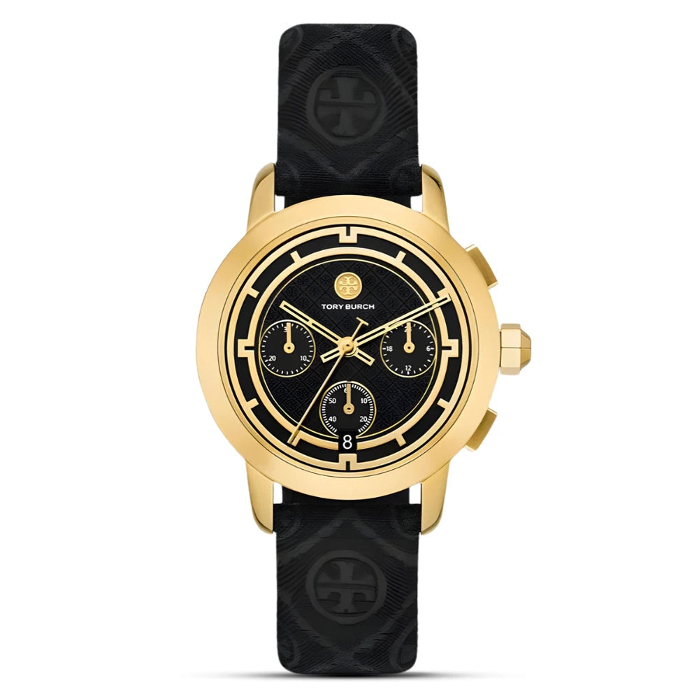Tory Burch The Tory Chronograph Black Dial Black T Monogram Strap Ladies Watch – TBW1055