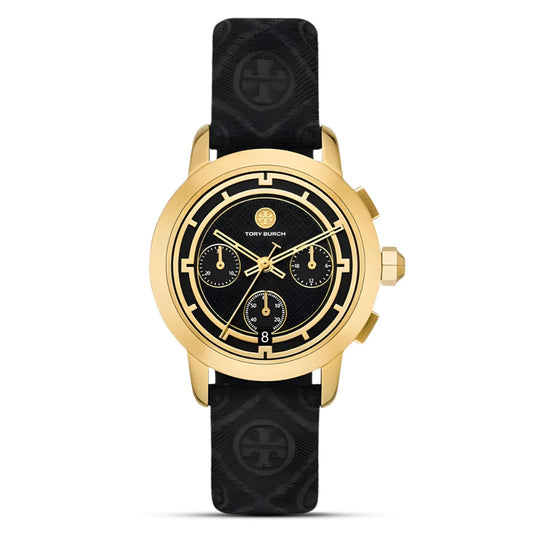 Tory Burch The Tory Chronograph Black Dial Black T Monogram Strap Ladies Watch – TBW1055