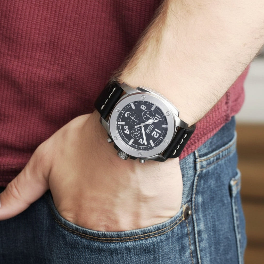 Fossil Modern Machine Chronograph Black Dial Black Leather Men's Watch – FS4928