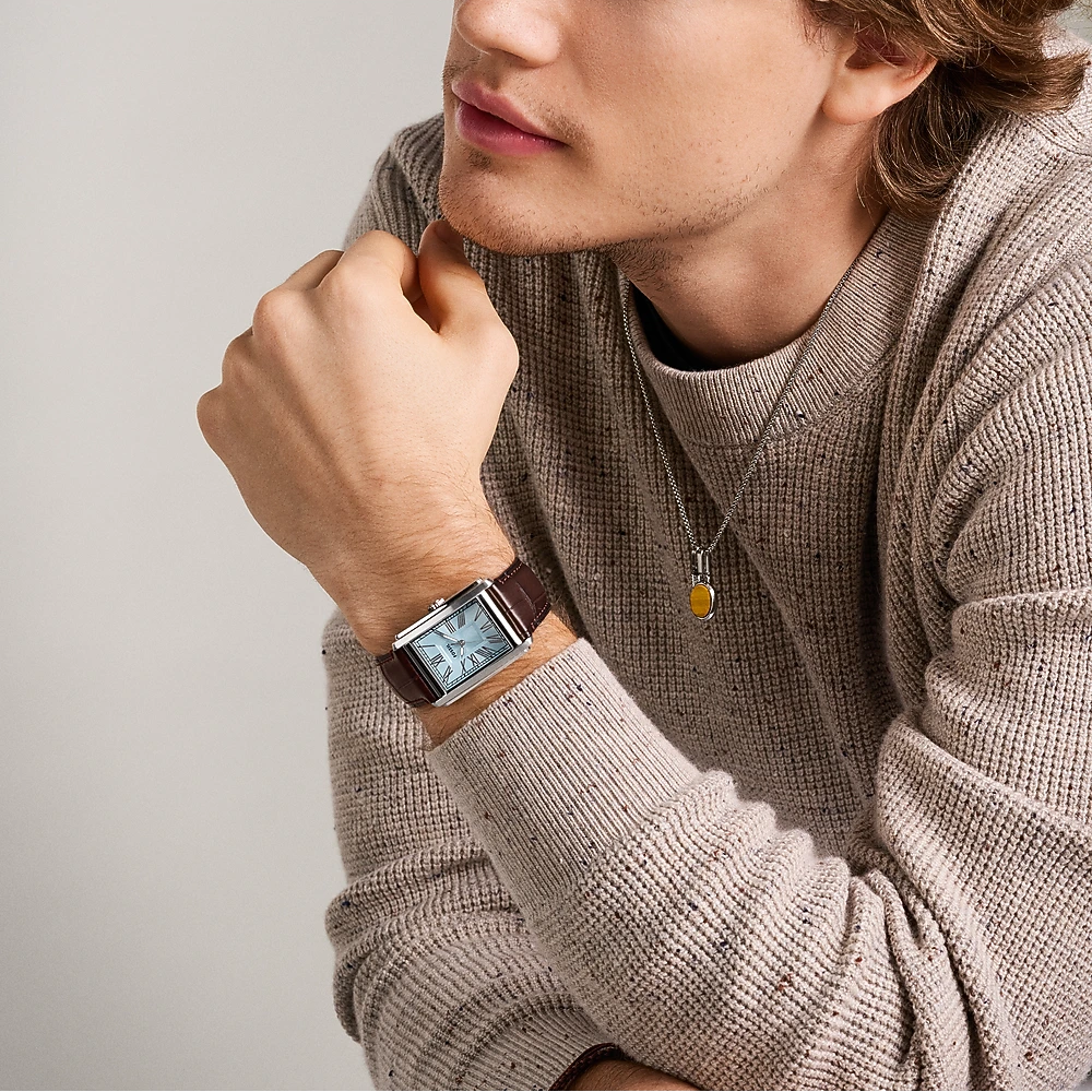 Fossil Carraway Blue Sunray Dial Brown Croco Leather Strap Men's Watch – FS6110