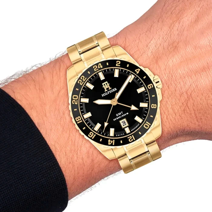 Tommy Hilfiger TH85 GMT Black Dial Gold-Tone Men's Watch – 1792133
