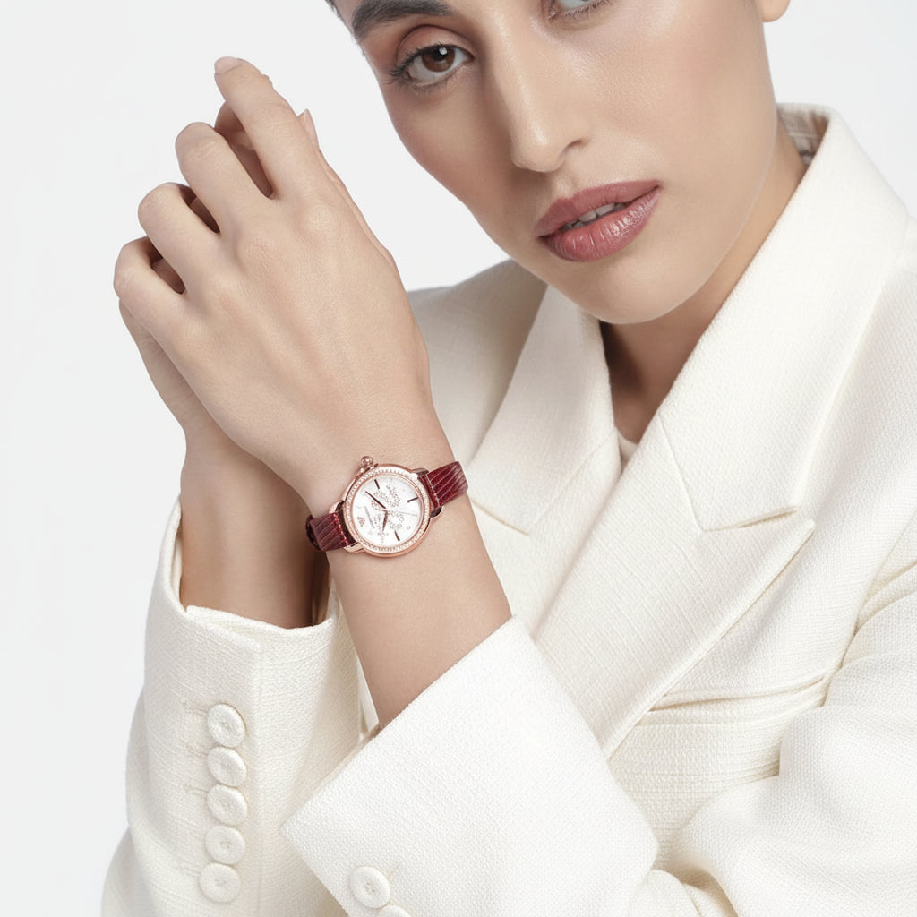 Emporio Armani Snake White Mother of Pearl Dial Red Leather Strap Ladies Watch – AR11646