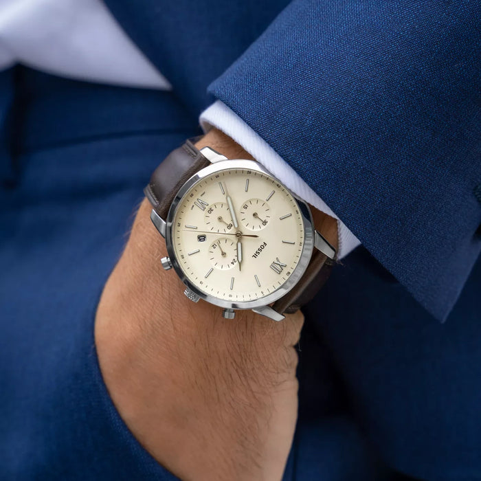 Fossil Neutra Chronograph Cream Dial Brown Leather Strap Men's Watch – FS5380