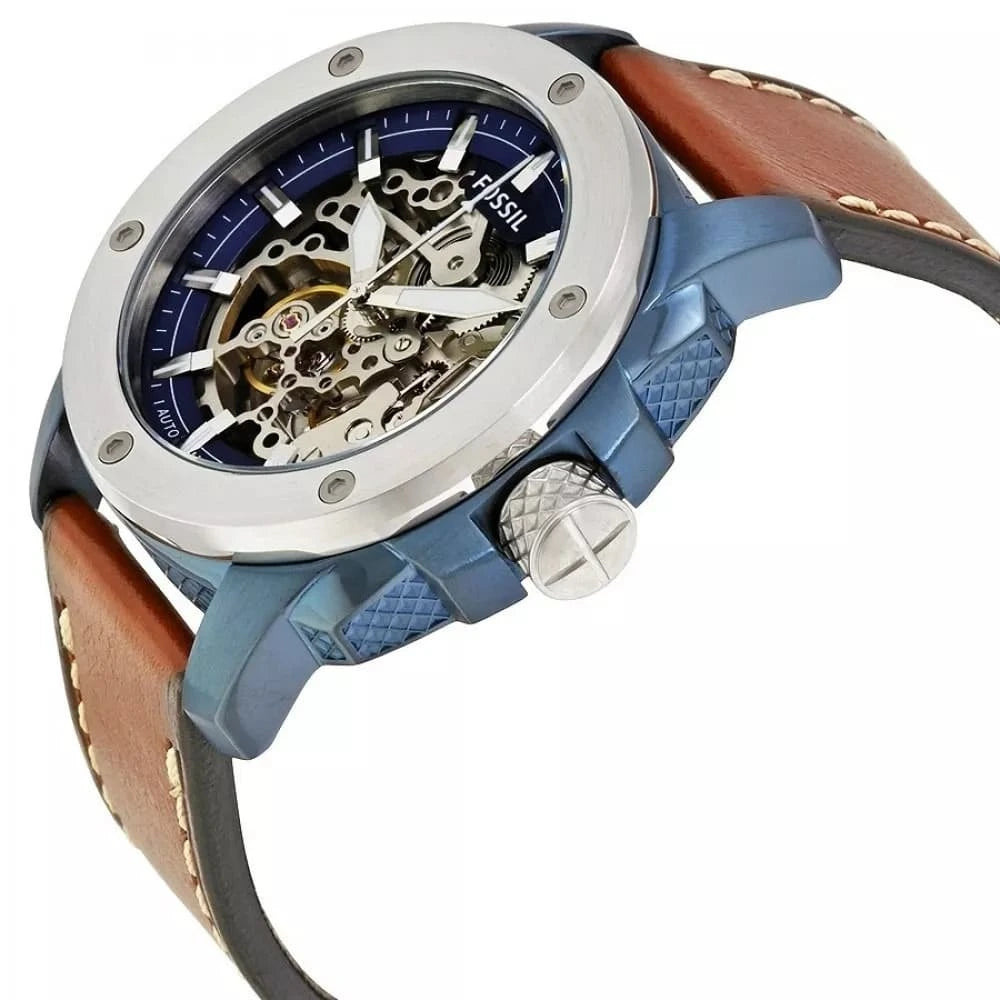 Fossil Modern Machine Skeleton Blue Dial Brown Leather Strap Men's Watch – ME3135