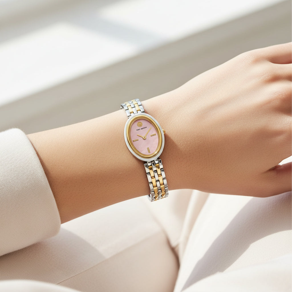 Tory Burch The Oval Pink Mother-of-Pearl Two-Tone Ladies Watch – TBW6039