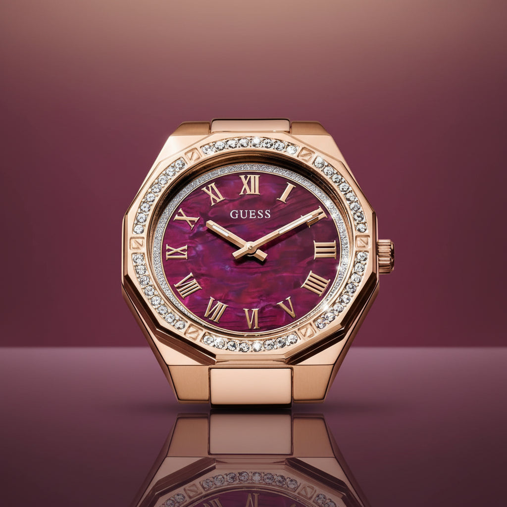 GUESS Women's Purple Mother of Pearl Dial Rose Gold-Tone Stainless Steel Watch – GW0770L3