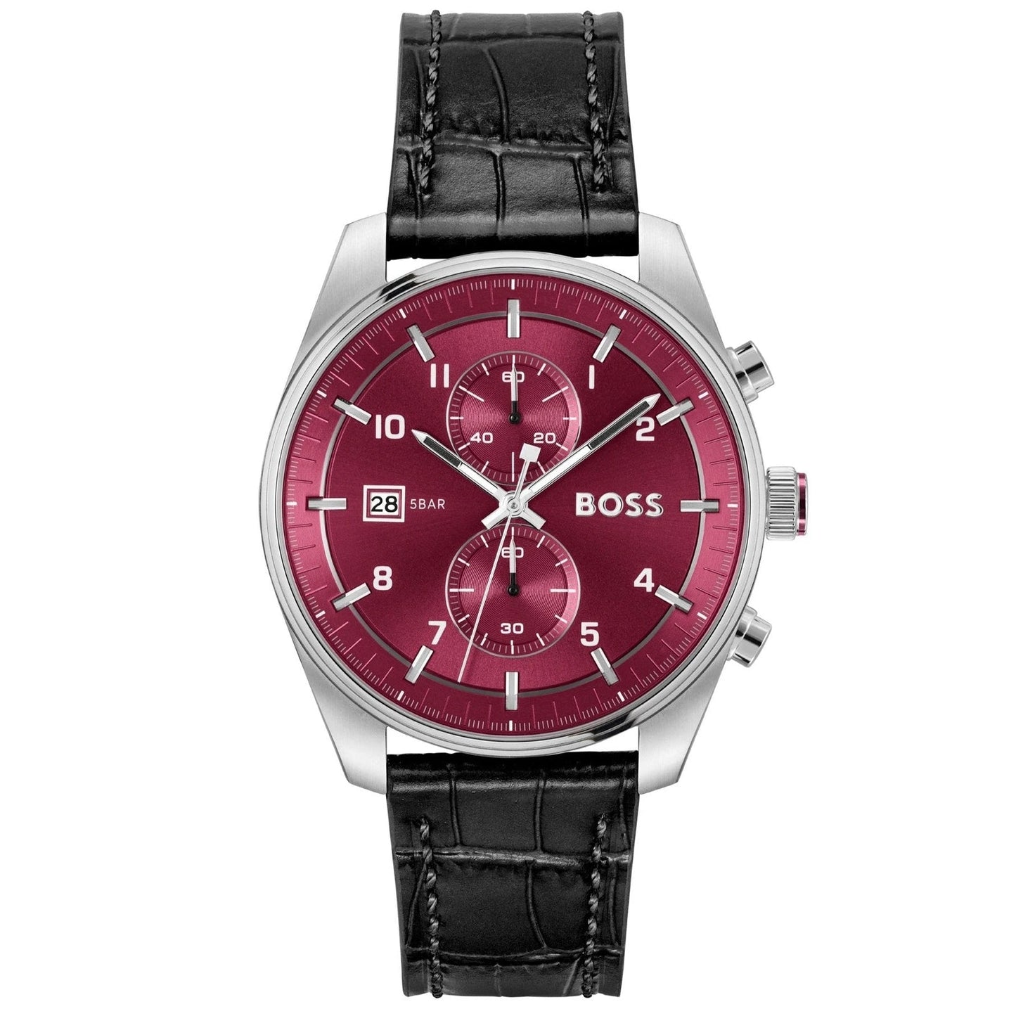 A Hugo Boss wristwatch with a silver-tone case, a deep red dial with three subdials, and a black alligator-patterned leather strap.