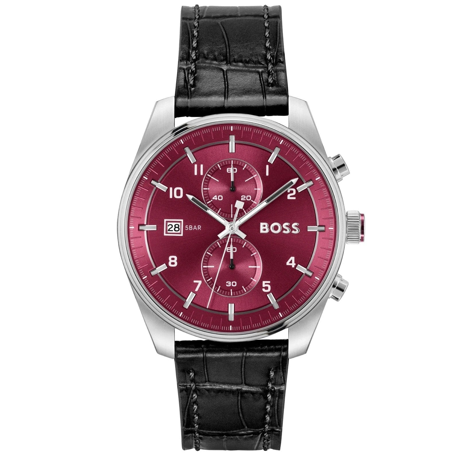 A Hugo Boss wristwatch with a silver-tone case, a deep red dial with three subdials, and a black alligator-patterned leather strap.