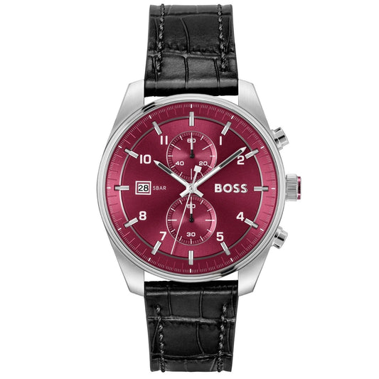 A Hugo Boss wristwatch with a silver-tone case, a deep red dial with three subdials, and a black alligator-patterned leather strap.