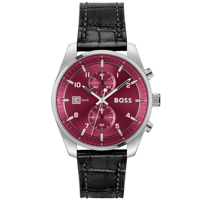 Hugo Boss Skytraveller Burgundy Chronograph Black Leather Strap Men's Watch – 1514193