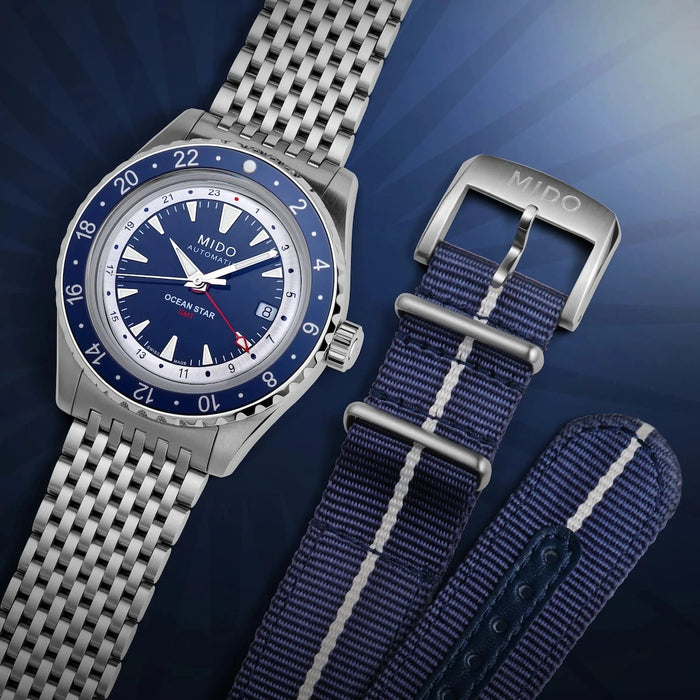 MIDO Ocean Star GMT Blue Dial Blue Hybrid Strap Special Edition Men's Watch – M026.829.18.041.00