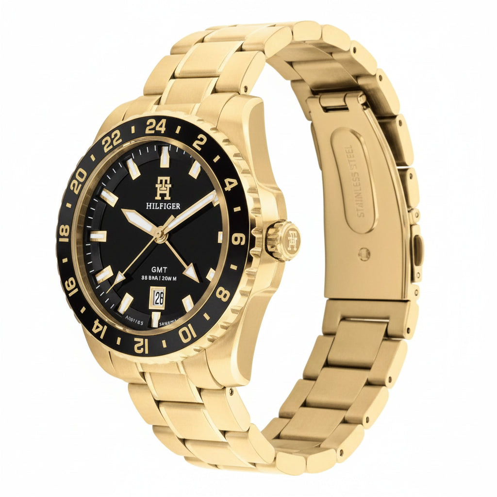 Tommy Hilfiger TH85 GMT Black Dial Gold-Tone Men's Watch – 1792133