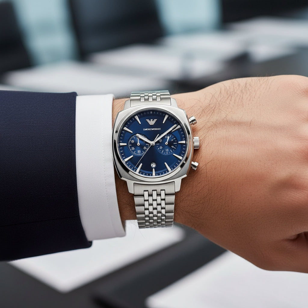 Emporio Armani Chronograph Blue Sunray Dial Stainless Steel Men's Watch – AR11688
