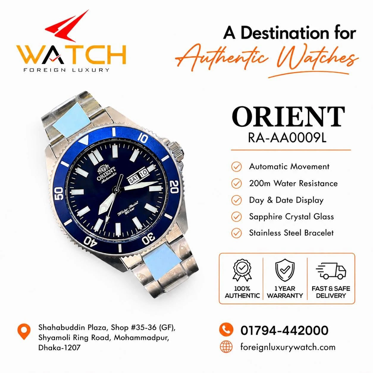 Orient Kanno Automatic Diver Blue Dial Men's Watch – RA-AA0009L