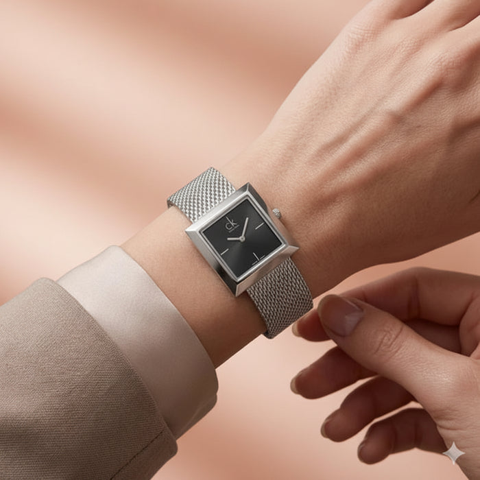 Calvin Klein Mark Black Dial Silver Mesh Bracelet Watch for Women – K3R23121