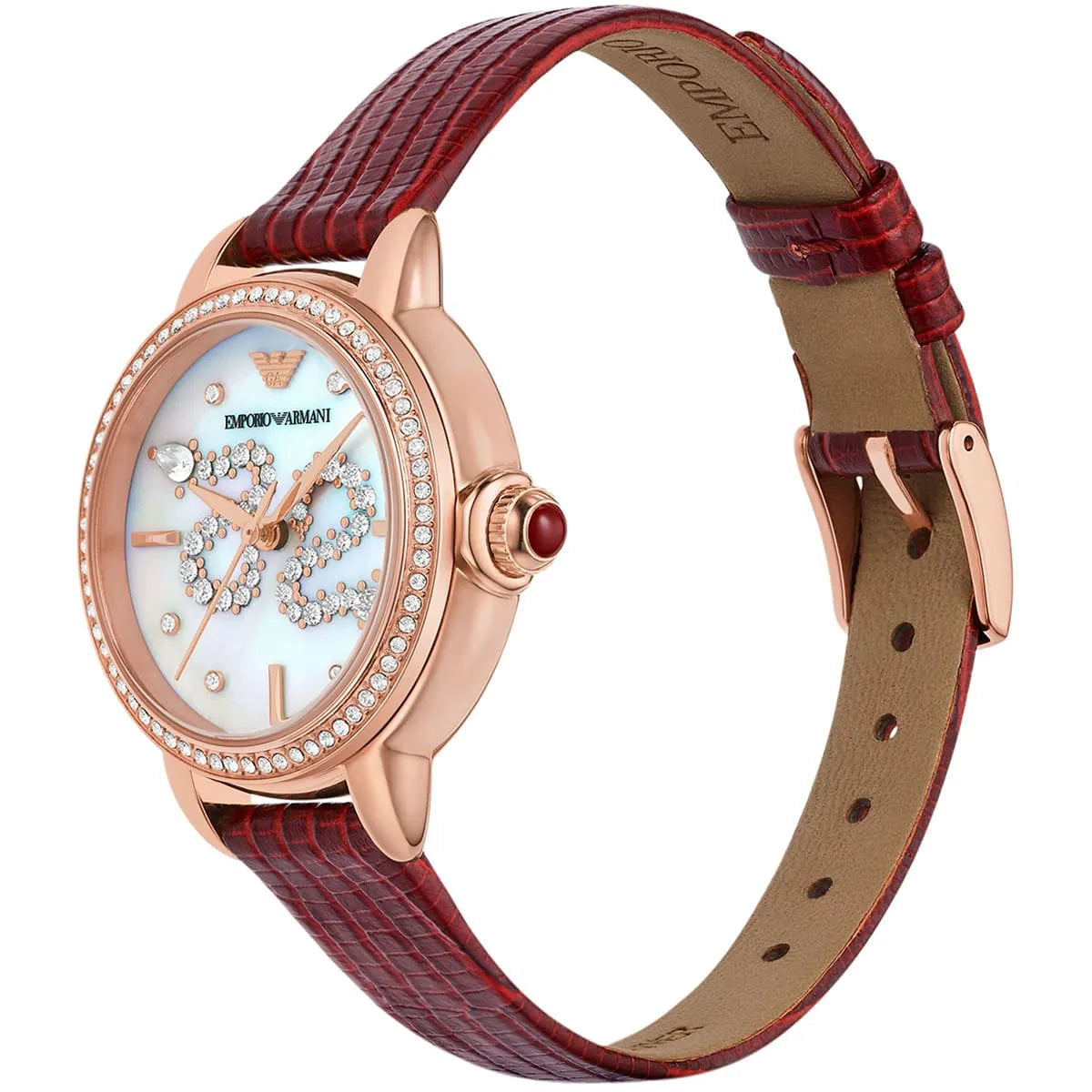Emporio Armani Snake White Mother of Pearl Dial Red Leather Strap Ladies Watch – AR11646
