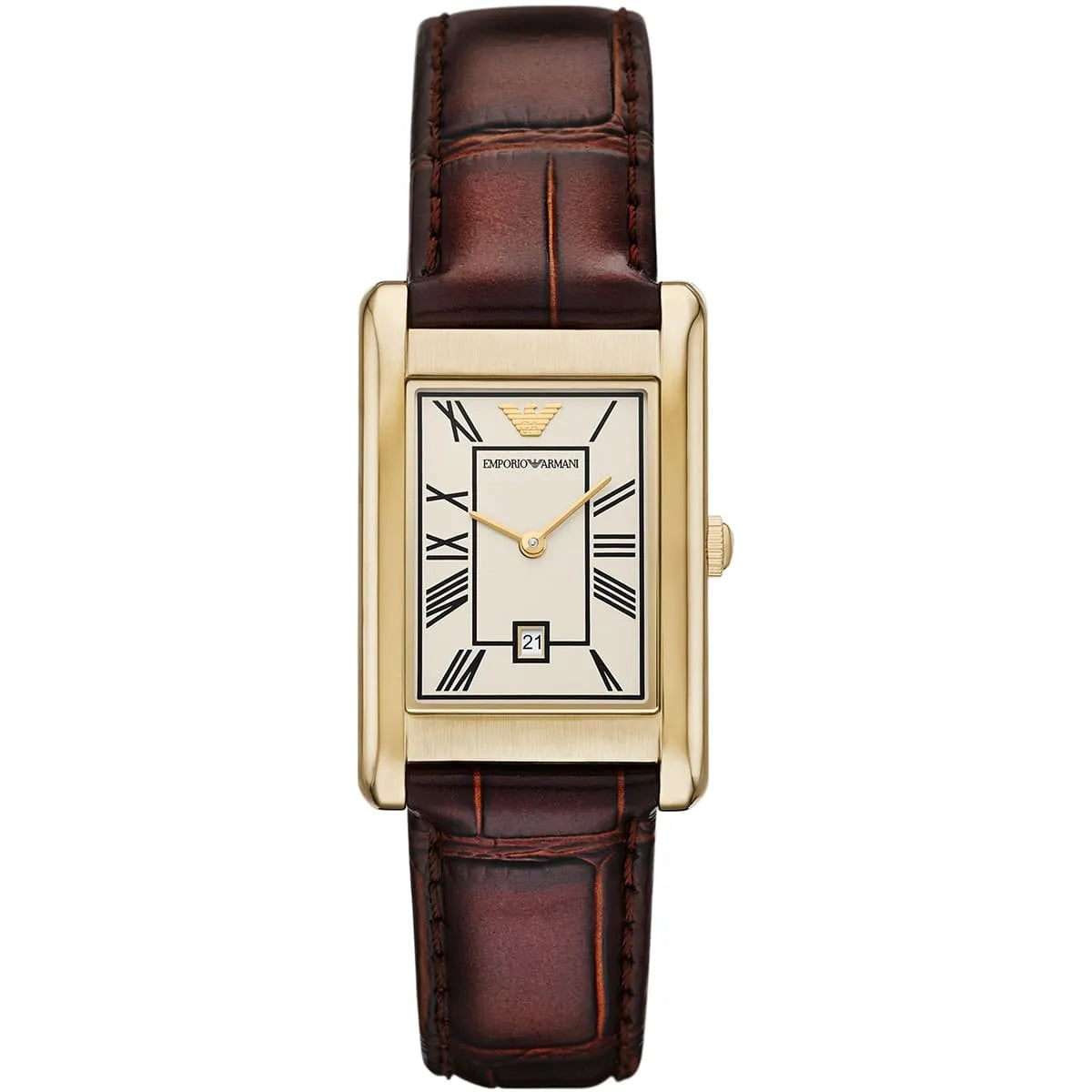 Emporio Armani Gino Rectangular White Dial Brown Leather Strap Men's Watch – AR11665