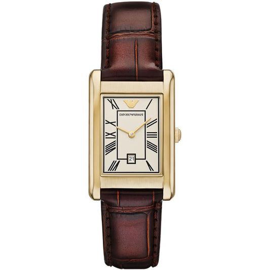 Emporio Armani Gino Rectangular White Dial Brown Leather Strap Men's Watch – AR11665