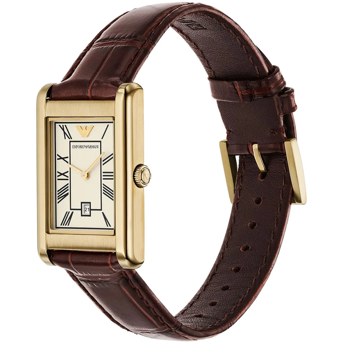 Emporio Armani Gino Rectangular White Dial Brown Leather Strap Men's Watch – AR11665