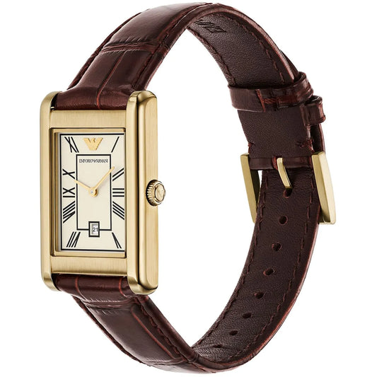 Emporio Armani Gino Rectangular White Dial Brown Leather Strap Men's Watch – AR11665