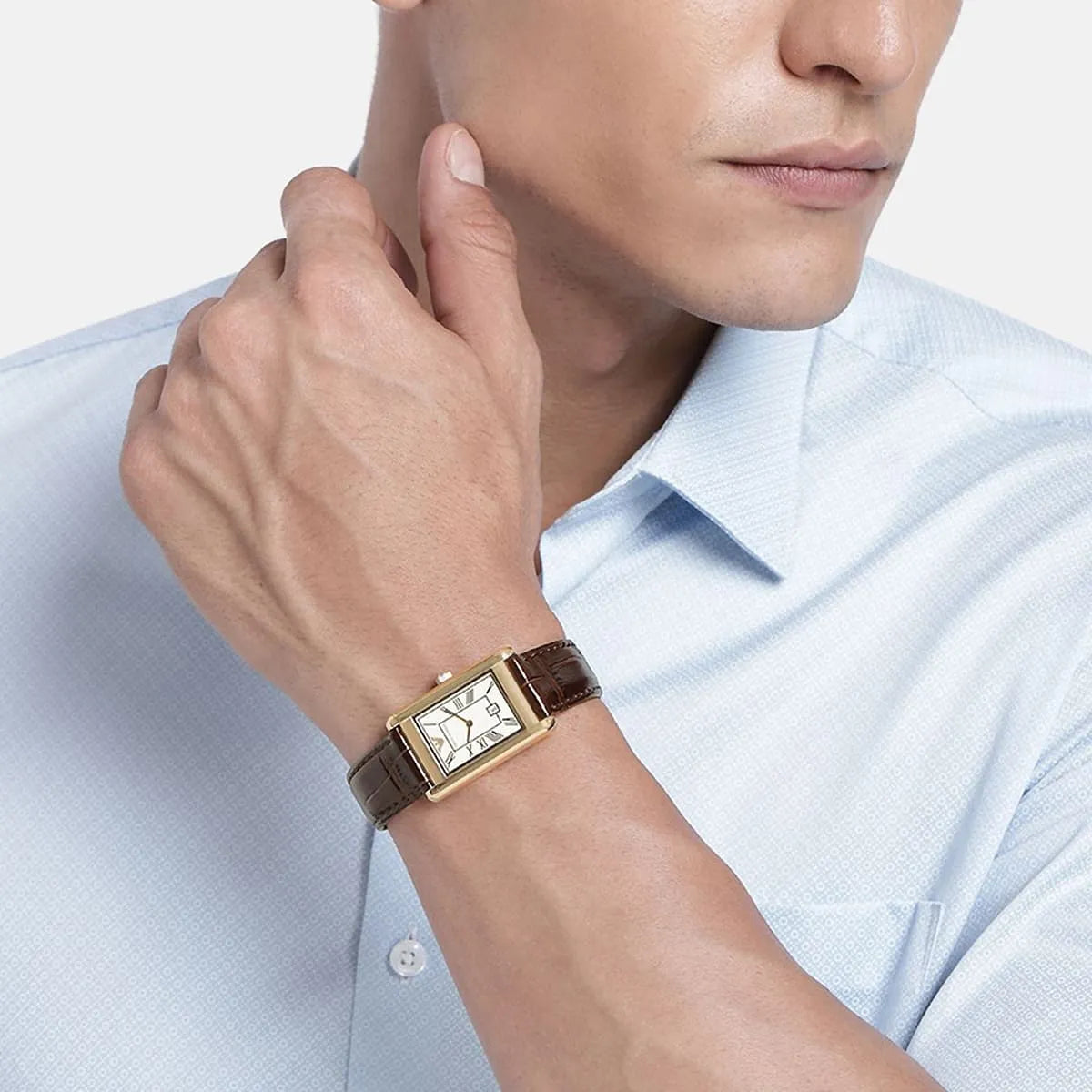 Emporio Armani Gino Rectangular White Dial Brown Leather Strap Men's Watch – AR11665