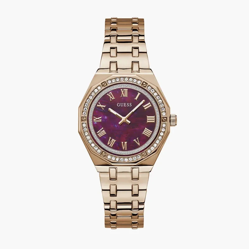 GUESS Women's Purple Mother of Pearl Dial Rose Gold-Tone Stainless Steel Watch – GW0770L3