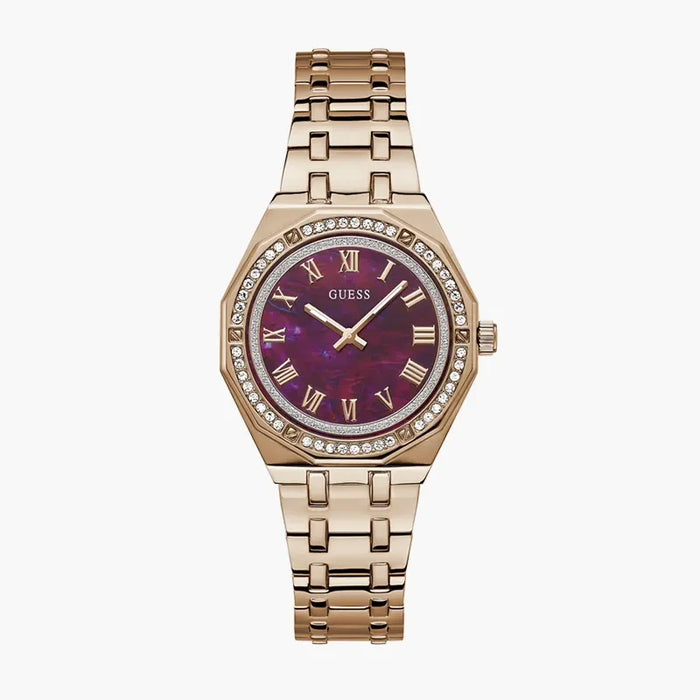 GUESS Women's Purple Mother of Pearl Dial Rose Gold-Tone Stainless Steel Watch – GW0770L3