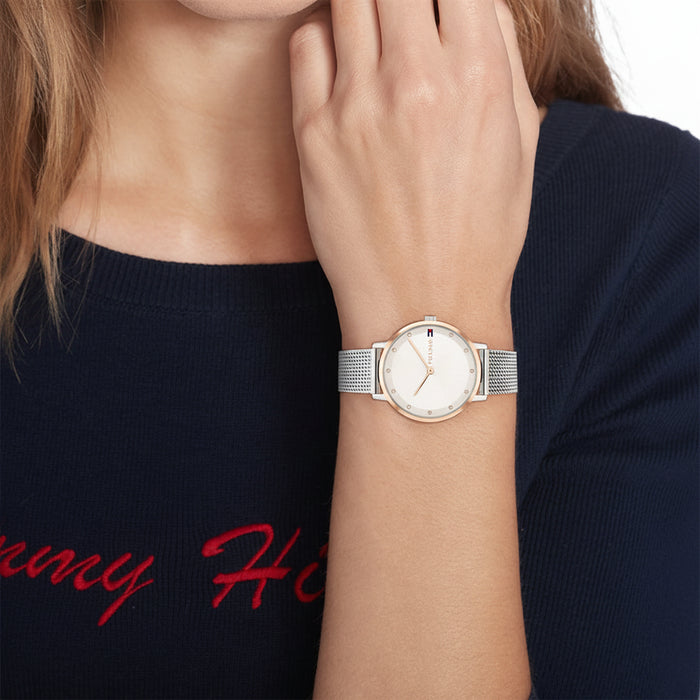 Tommy Hilfiger Ladies Blue Sunray Dial Rose Gold-Tone Stainless Steel Watch – 1782666