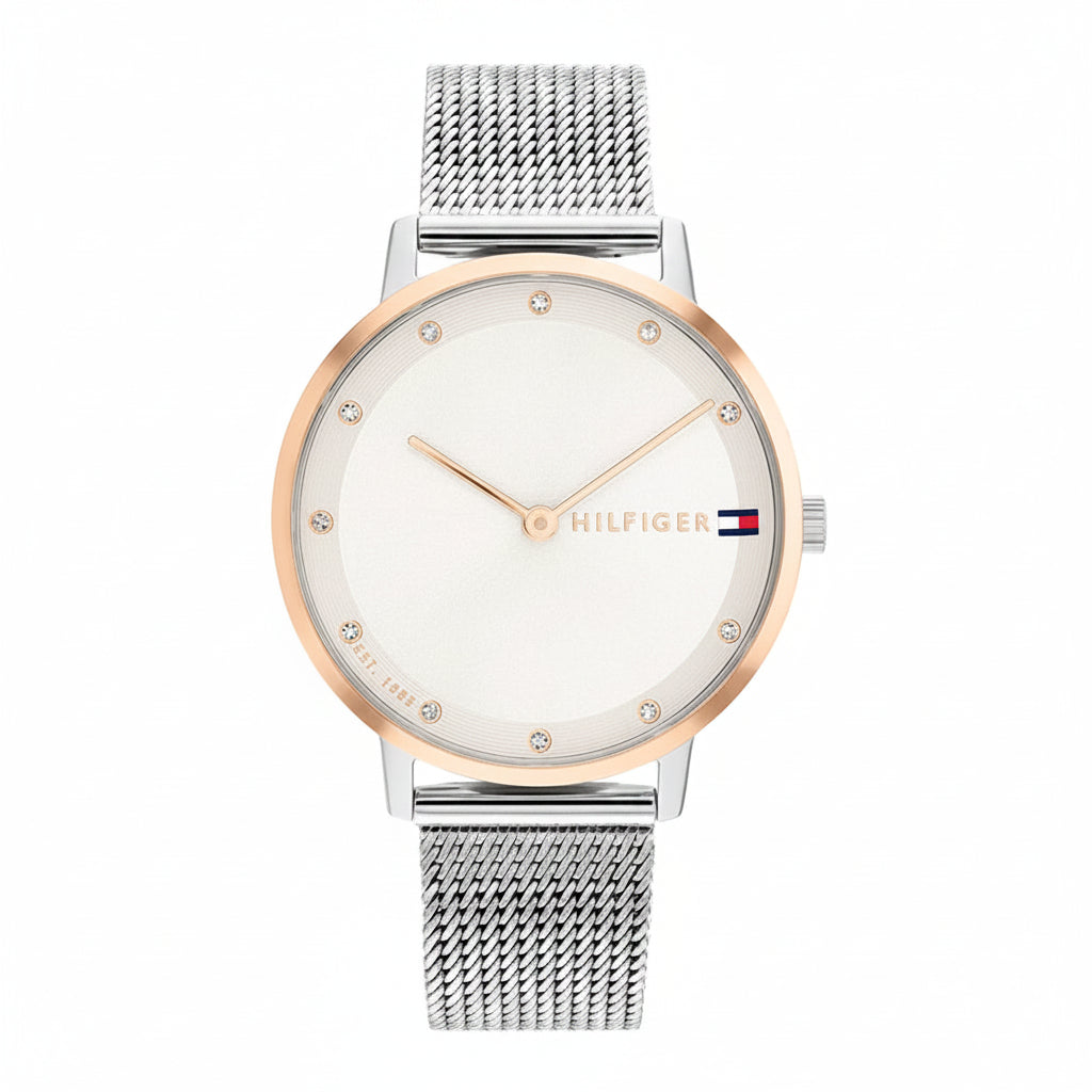 Tommy Hilfiger Ladies Blue Sunray Dial Rose Gold-Tone Stainless Steel Watch – 1782666