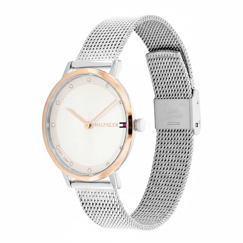 Tommy Hilfiger Ladies Blue Sunray Dial Rose Gold-Tone Stainless Steel Watch – 1782666
