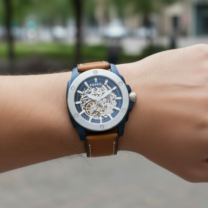 Fossil Modern Machine Skeleton Blue Dial Brown Leather Strap Men's Watch – ME3135