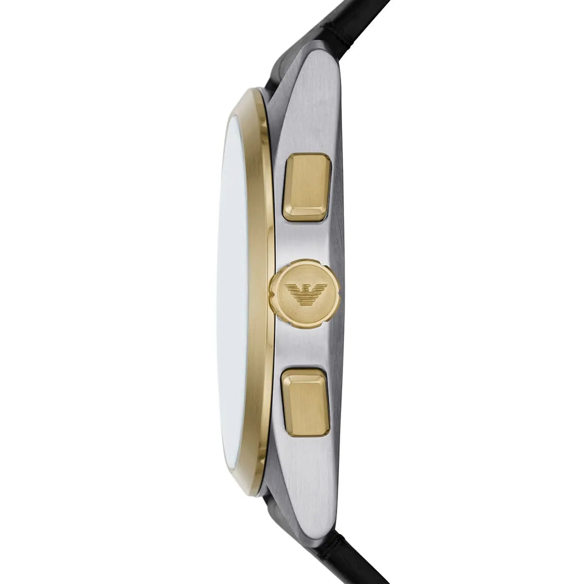 Side profile of a two-tone stainless steel and gold watch with a black strap, featuring a gold-tone Emporio Armani logo on the crown button.