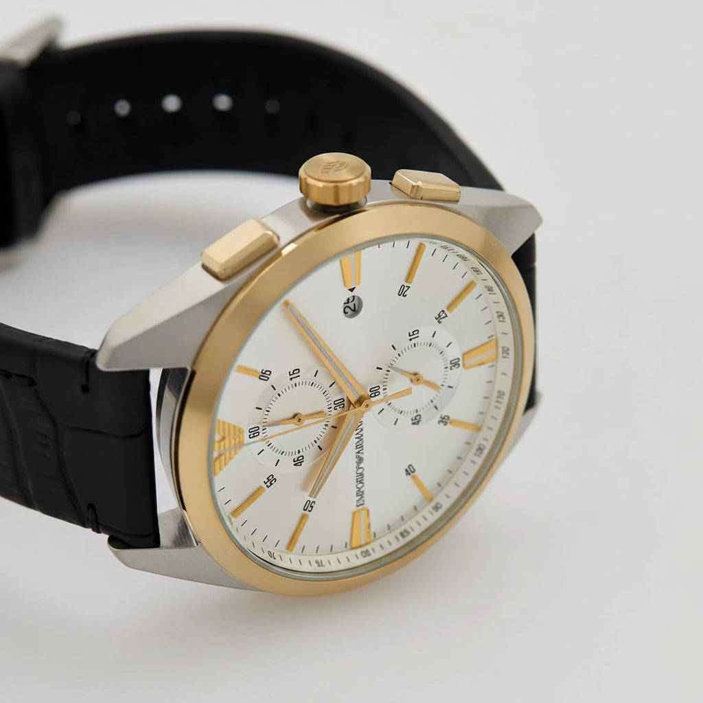Emporio Armani Chronograph Silver Dial Black Leather Strap Men's Watch – AR11498