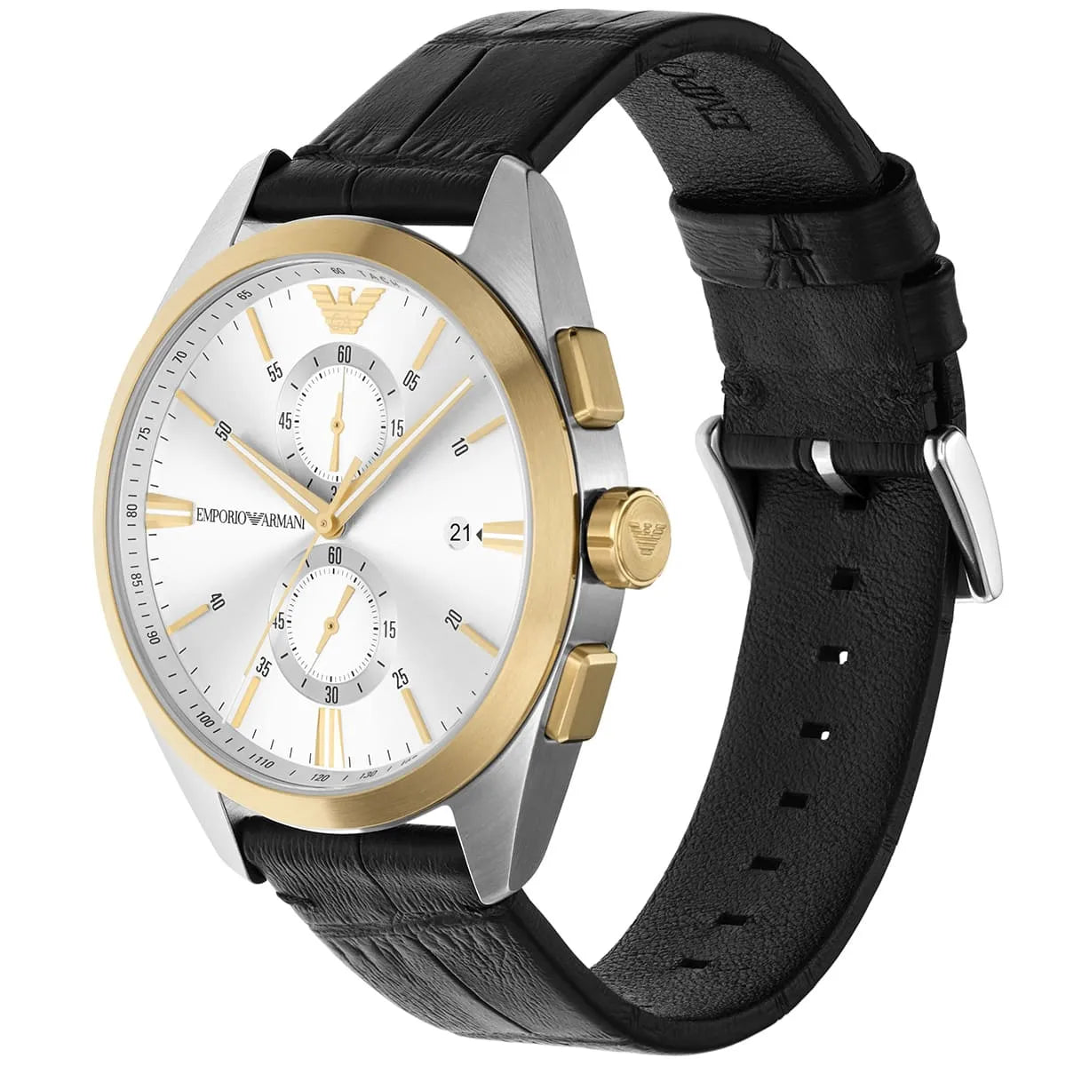 Emporio Armani Chronograph Silver Dial Black Leather Strap Men's Watch – AR11498