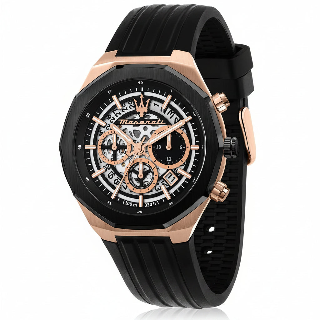 A luxury chronograph watch by Marant, featuring a black rubber strap, a black bezel, and a skeleton dial with rose gold accents and markers.