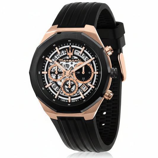 A luxury chronograph watch by Marant, featuring a black rubber strap, a black bezel, and a skeleton dial with rose gold accents and markers.